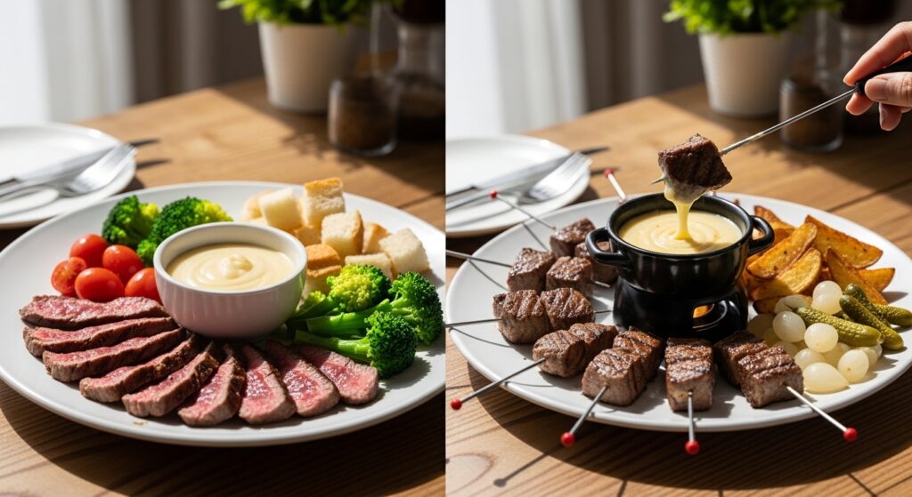 ステーキとチーズフォンデュを楽しむための盛り付けデザイン
